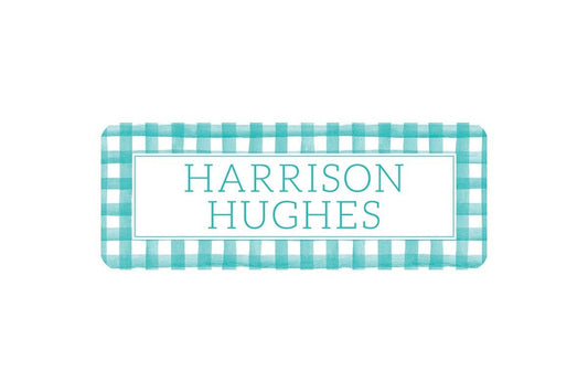 Personalized Vinyl Teal Gingham Name Labels | *NOT Dishwasher Safe*