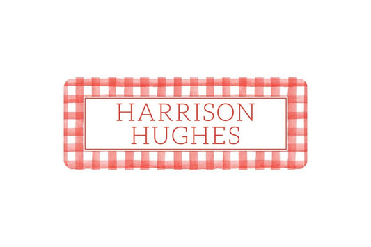 Personalized Vinyl Red Gingham Name Labels | *NOT Dishwasher Safe*