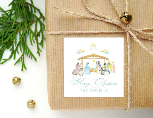 Personalized Watercolor Nativity Calling Card or Sticker | Nativity Enclosure Card | Family Square Gift Tag and Stickers