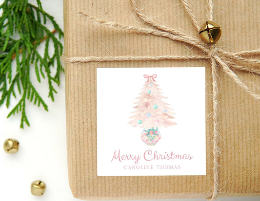 Personalized Watercolor Pink Tree Calling Card or Sticker | Christmas Enclosure Card | Family Square Gift Tag and Stickers