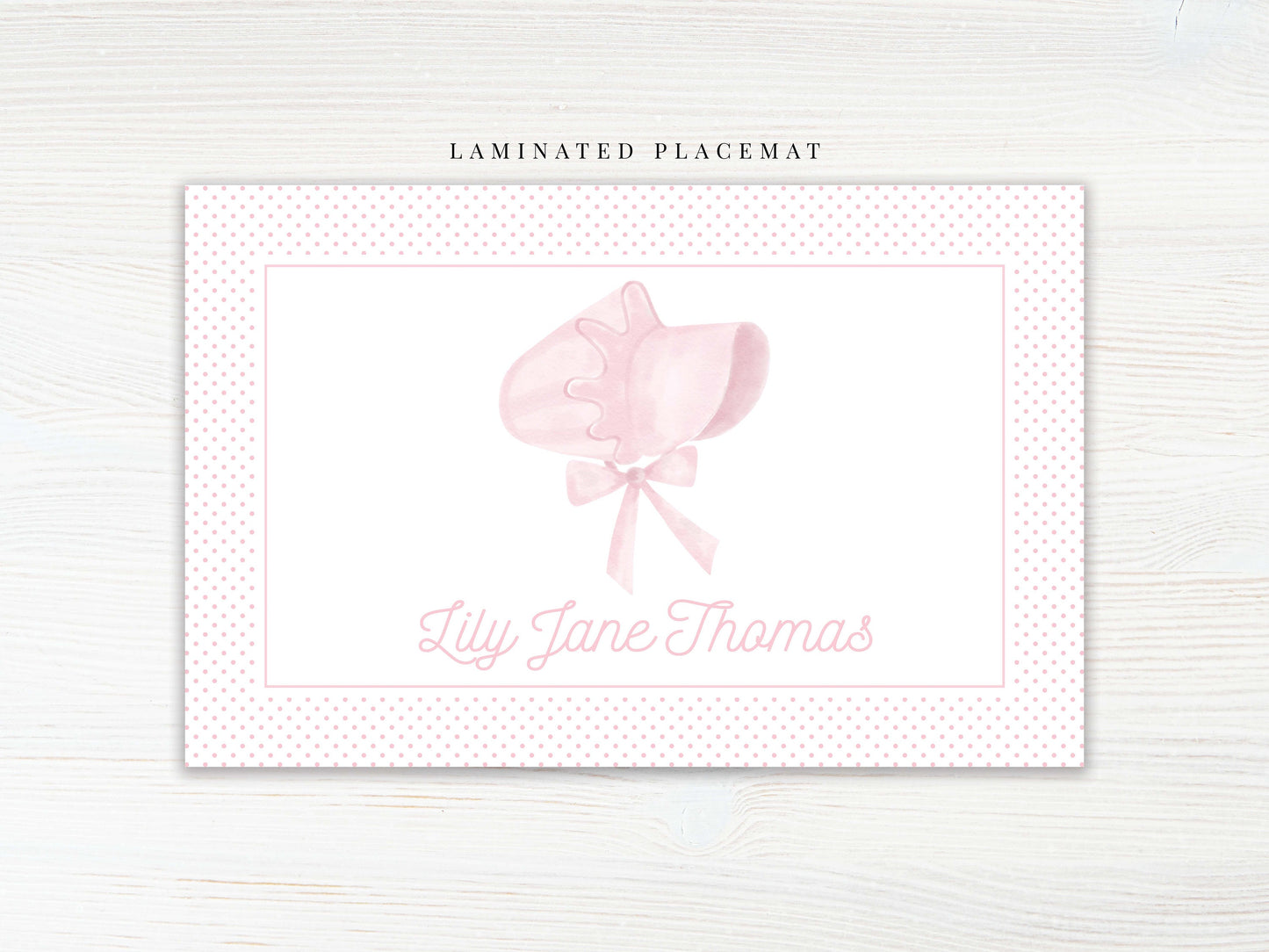 Personalized Watercolor Polka Dot Bonnet Placemat, Laminated Pink Girl Bonnet Placemat