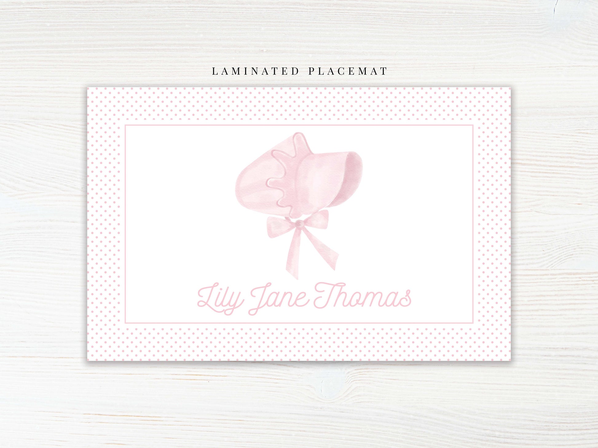 Personalized Watercolor Polka Dot Bonnet Placemat, Laminated Pink Girl Bonnet Placemat