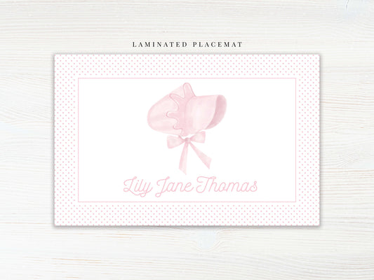 Personalized Watercolor Polka Dot Bonnet Placemat, Laminated Pink Girl Bonnet Placemat