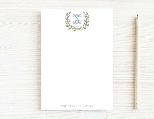 Personalized 5.5X5.5 or 5X7 Initial Greenery Crest Notepad, Floral Monogram Family Note