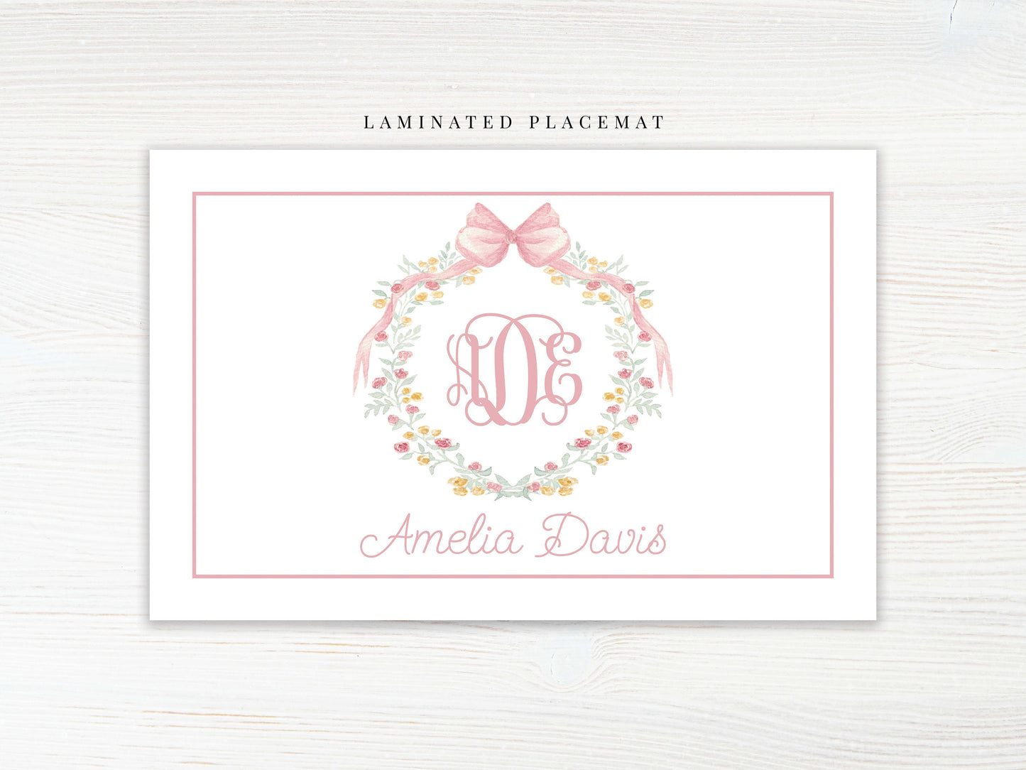 Personalized Watercolor Floral Crest Monogram Placemat, Laminated Pink Girl Placemat