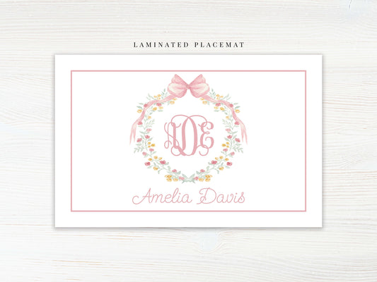 Personalized Watercolor Floral Crest Monogram Placemat, Laminated Pink Girl Placemat