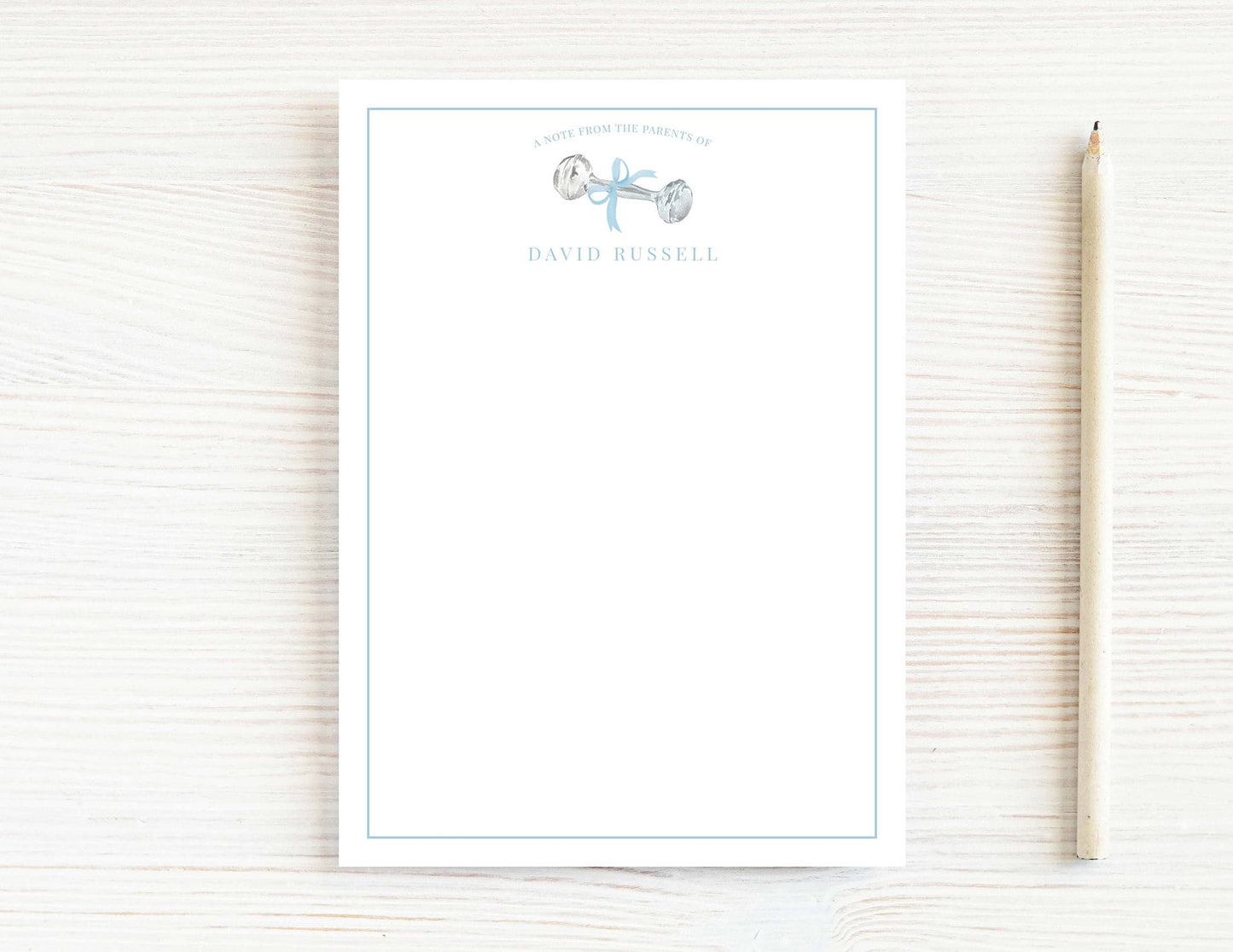 Personalized 5.5X5.5 or 5X7 Blue Baby Rattle Notepad, Newborn Boy Notes
