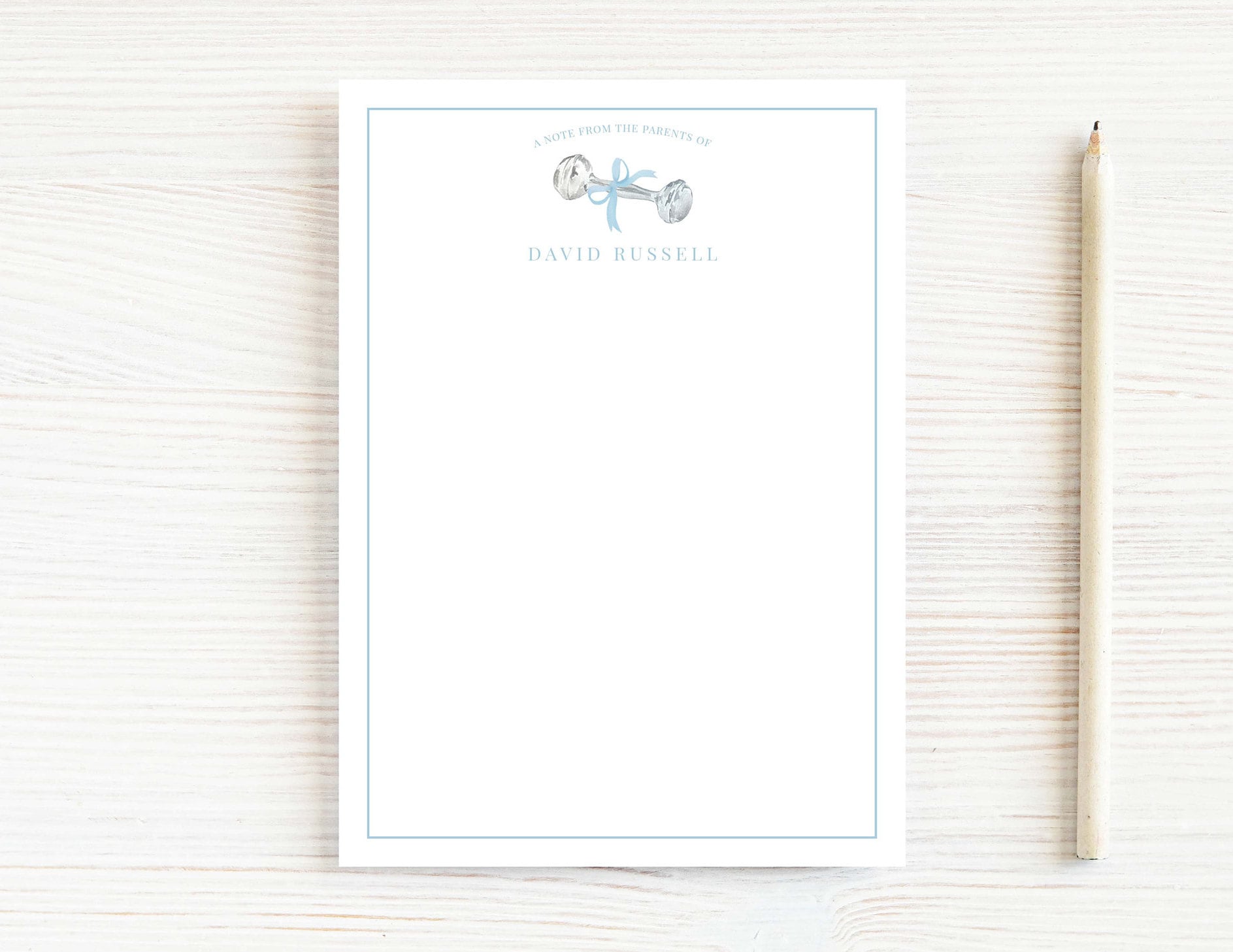 Personalized 5.5X5.5 or 5X7 Blue Baby Rattle Notepad, Newborn Boy Notes