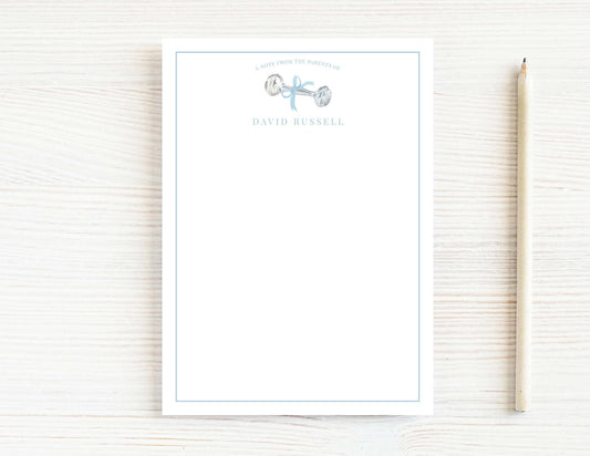 Personalized 5.5X5.5 or 5X7 Blue Baby Rattle Notepad, Newborn Boy Notes