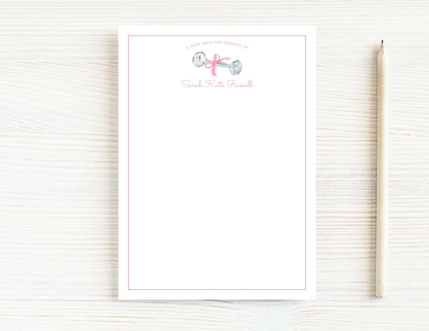 Personalized 5.5X5.5 or 5X7 Pink Baby Rattle Notepad, Newborn Girl Notes