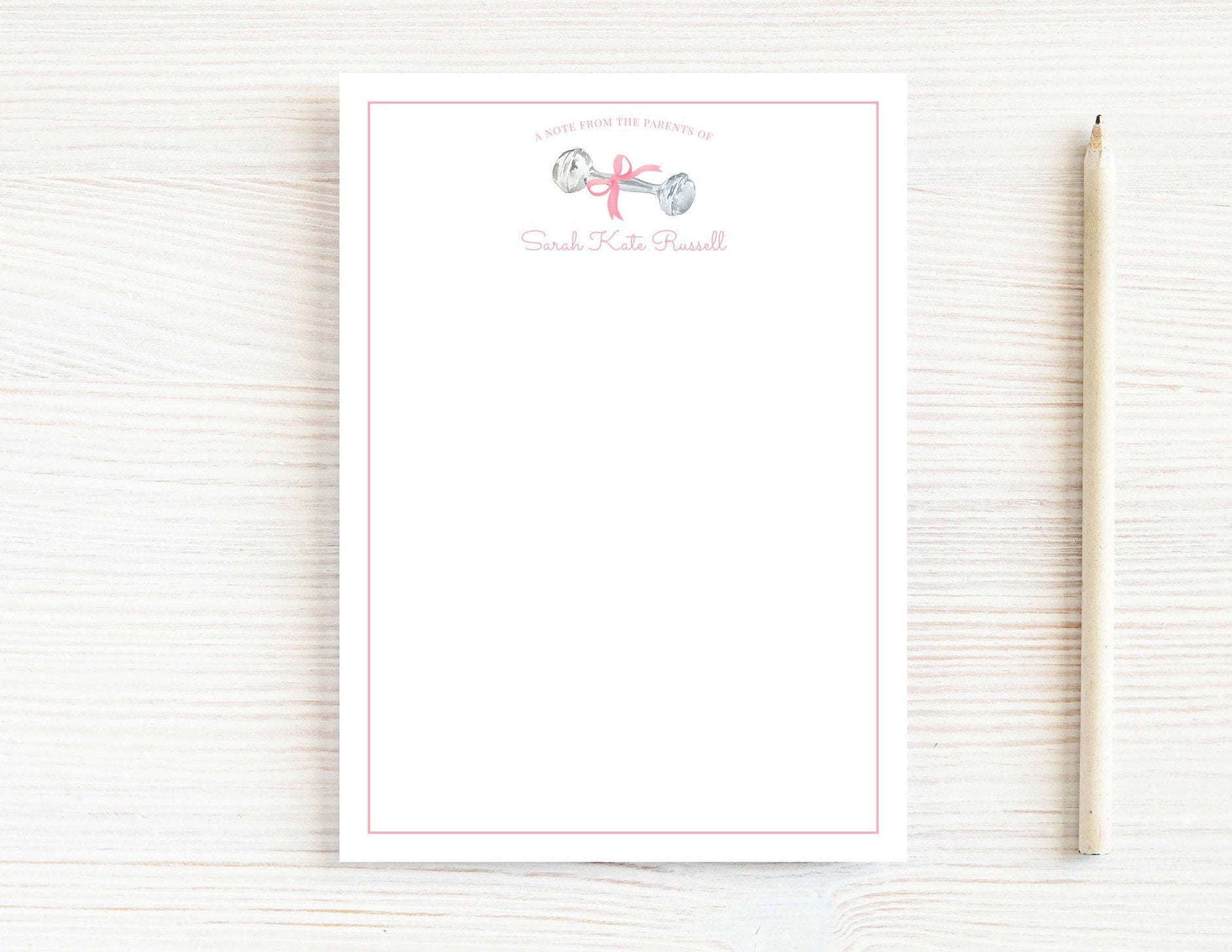Personalized 5.5X5.5 or 5X7 Pink Baby Rattle Notepad, Newborn Girl Notes