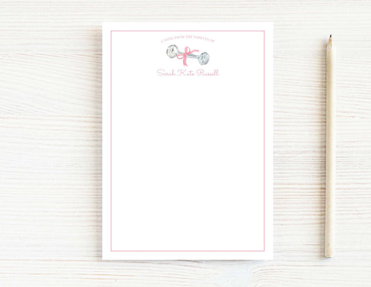 Personalized 5.5X5.5 or 5X7 Pink Baby Rattle Notepad, Newborn Girl Notes