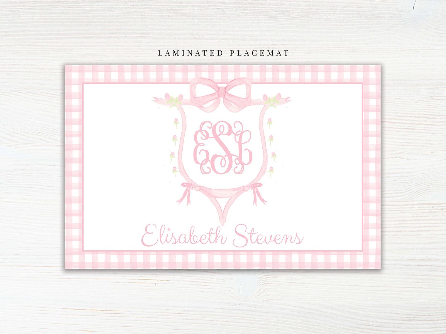 Personalized Watercolor Bow Crest Monogram Placemat, Laminated Pink Girl Placemat