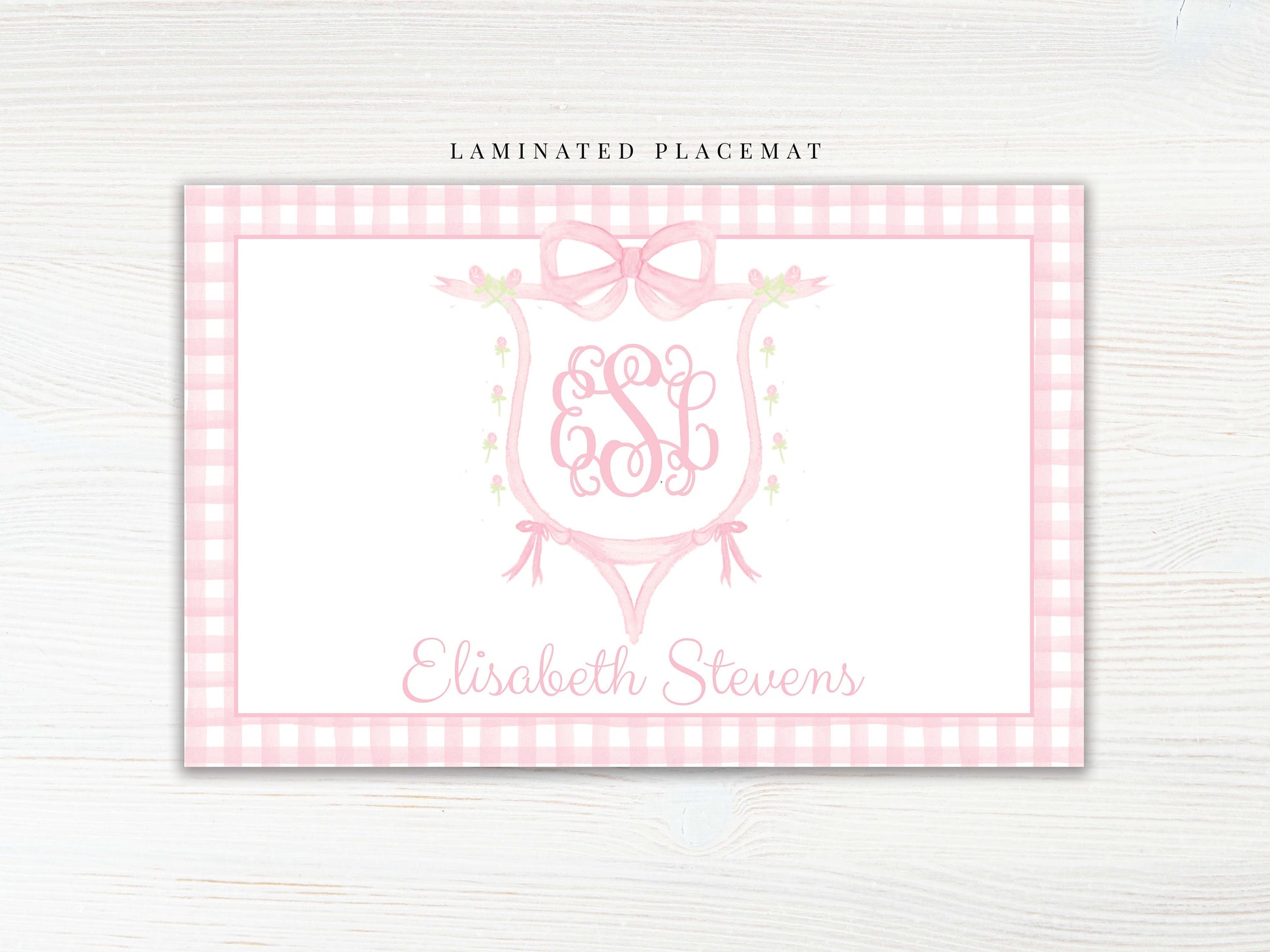 Personalized Watercolor Bow Crest Monogram Placemat, Laminated Pink Girl Placemat