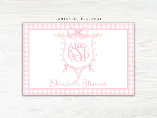 Personalized Watercolor Bow Crest Monogram Placemat, Laminated Pink Girl Placemat