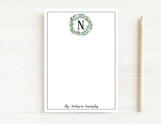 Personalized 5.5X5.5 or 5X7 Initial Greenery Wreath Notepad, Floral Monogram Family Notes