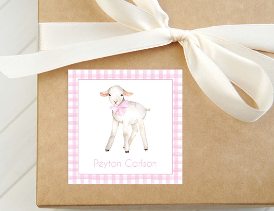 Personalized Gingham Lamb Calling Card, Girl Bow Enclosure, Square Gift Tag