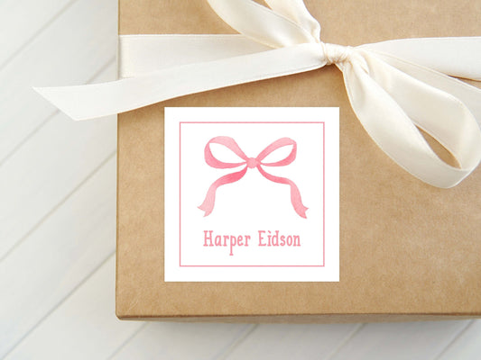 Personalized Watercolor Pink Bow Calling Card, Bow Girl Enclosure Card, Baby Gift Tag