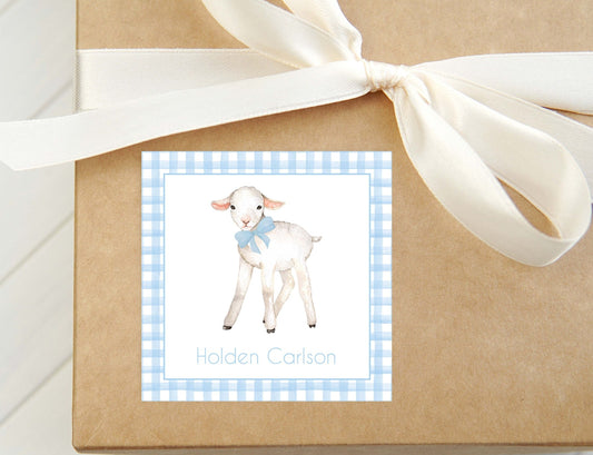 Personalized Gingham Lamb Calling Card, Baby Boy Enclosure, Square Gift Tag