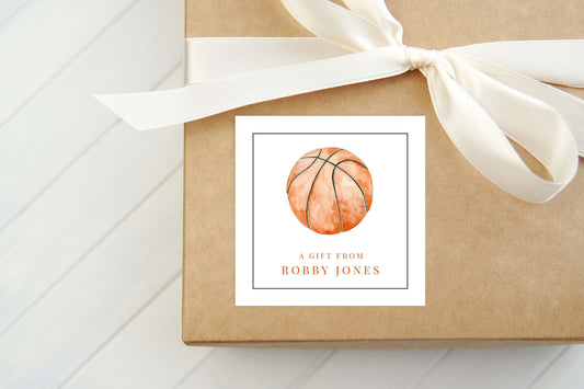 Personalized Watercolor Basketball Calling Card, Boy Enclosure Card, Square Sports Gift Tag