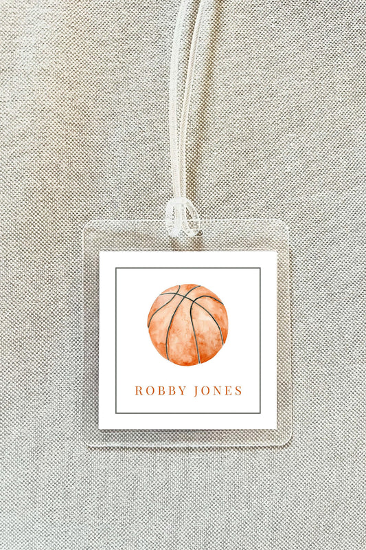 Personalized Watercolor Basketball Bag Tag, Laminated Boy Luggage Tag, Diaper Bag Tag