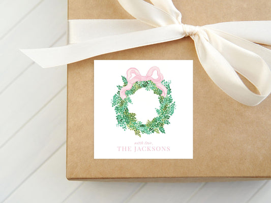 Personalized Watercolor Pink Wreath Christmas Calling Card or Sticker | Family Initial Square Gift Tag and Stickers