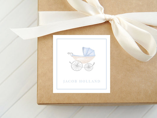 Personalized Watercolor Blue Baby Carriage Calling Card, Boy Pram Enclosure Card, Newborn Gift Tag