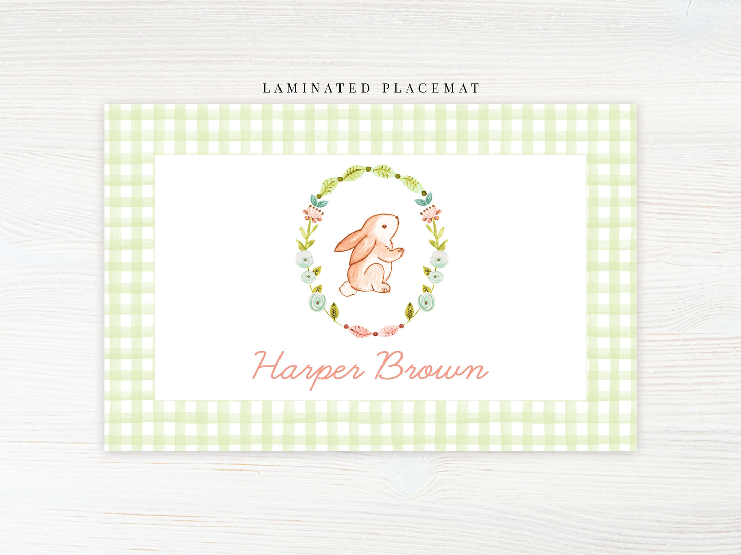Personalized Floral Bunny Crest Monogram Placemat, Laminated Pink Girl Placemat