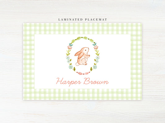 Personalized Floral Bunny Crest Monogram Placemat, Laminated Pink Girl Placemat