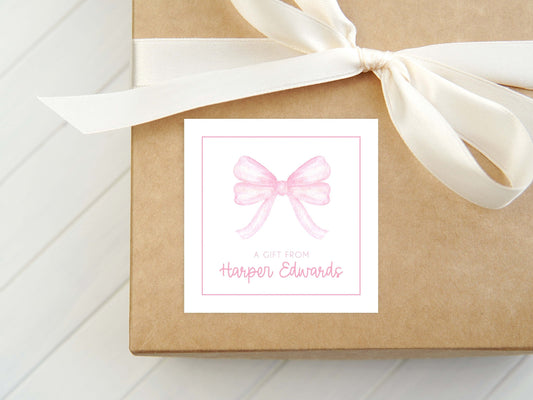 Personalized Watercolor Pink Bow Calling Card, Bow Girl Enclosure Card, Baby Gift Tag