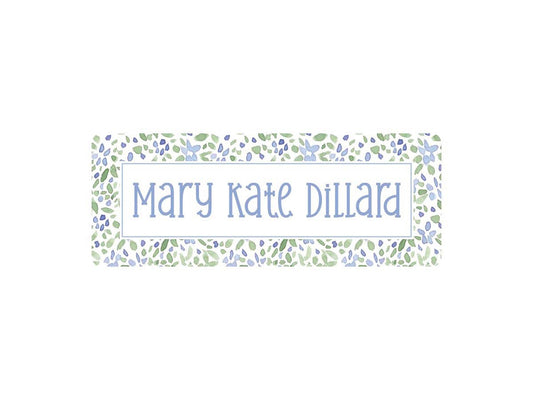 60 Personalized Vinyl Blue Green Floral Name Labels | *NOT Dishwasher Safe*