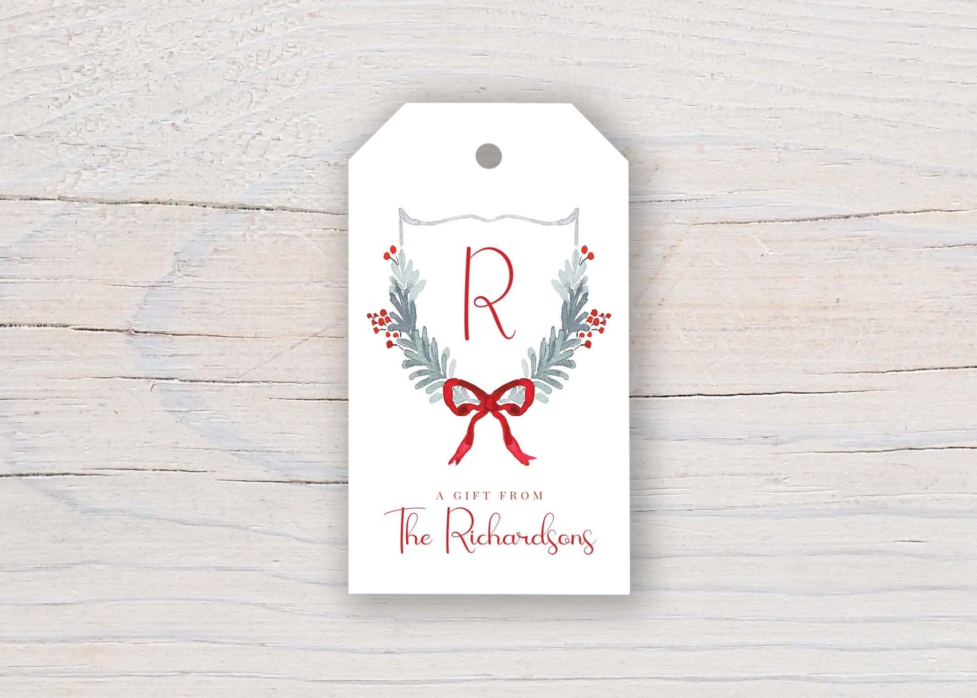 Personalized 2 x 3.5 inch Christmas Initial Crest Gift Tags | Custom Gift Tags