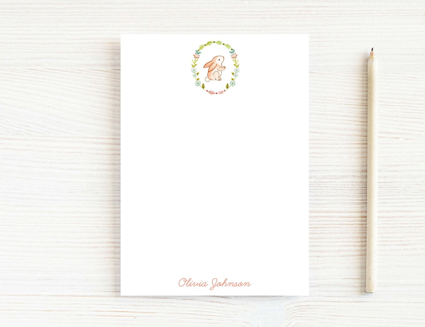 Personalized 5.5X5.5 or 5X7 Bunny Wreath Notepad, Girl Pink Floral Notes