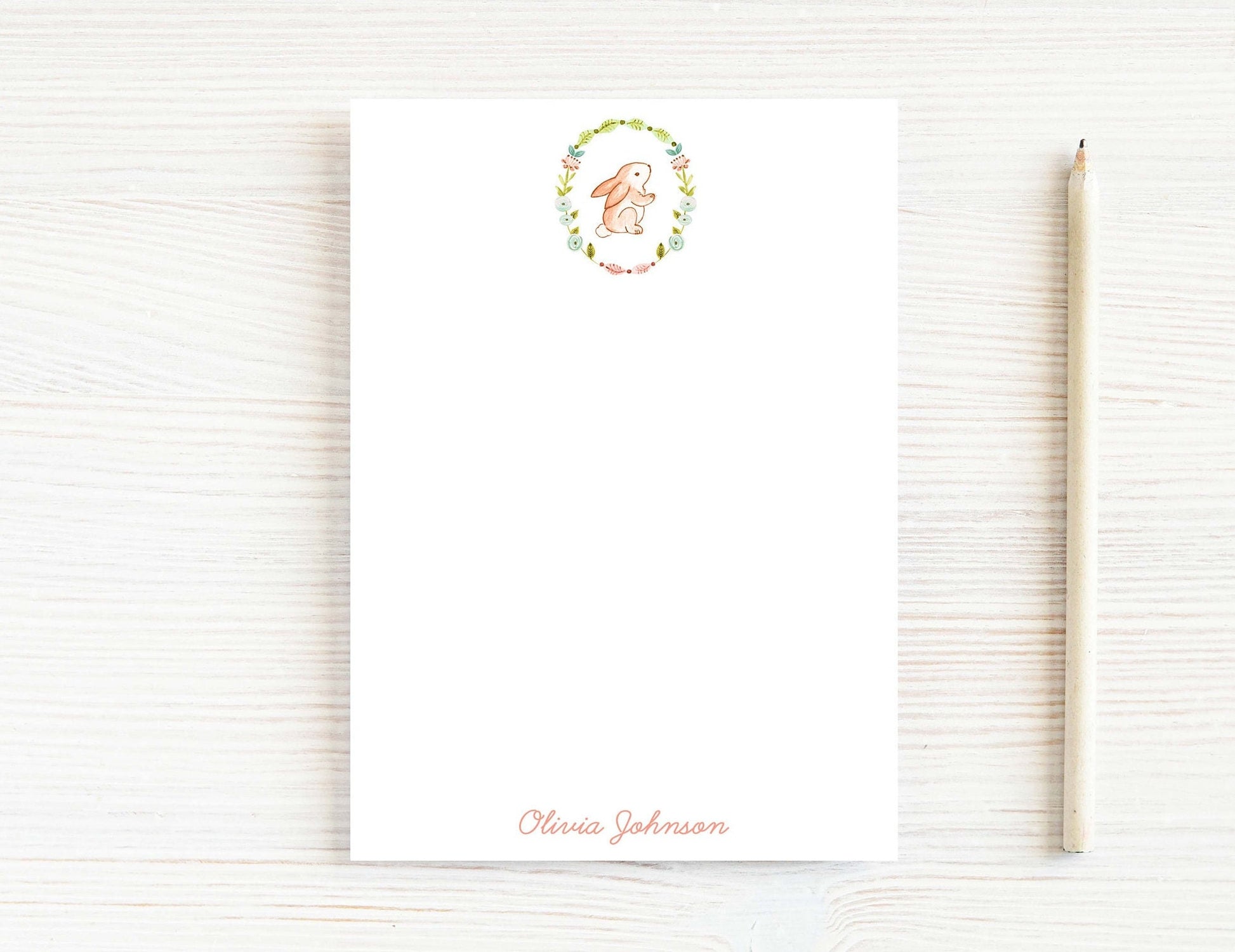 Personalized 5.5X5.5 or 5X7 Bunny Wreath Notepad, Girl Pink Floral Notes