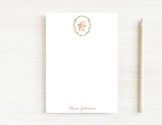 Personalized 5.5X5.5 or 5X7 Bunny Wreath Notepad, Girl Pink Floral Notes