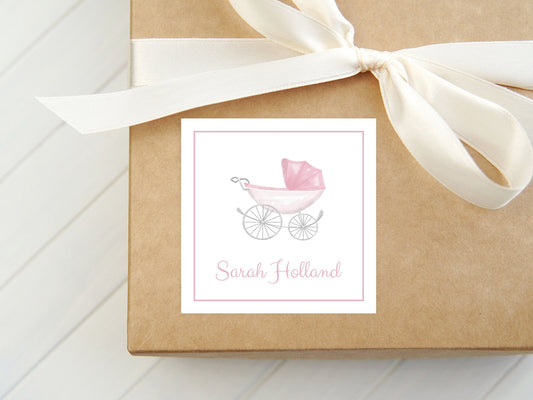 Personalized Watercolor Pink Baby Carriage Calling Card, Girl Pram Enclosure Card, Newborn Gift Tag
