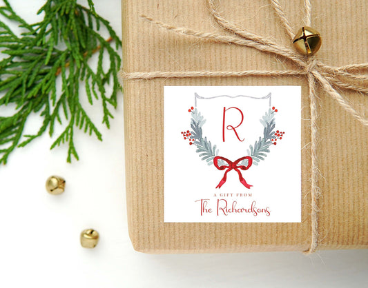 Personalized Watercolor Christmas Initial Crest Calling Card or Sticker | Enclosure Card | Family Square Gift Tag and Stickers
