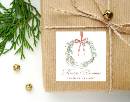 Personalized Watercolor Christmas Calling Card or Sticker | Wreath Bow Enclosure Card | Family Initial Square Gift Tag and Stickers