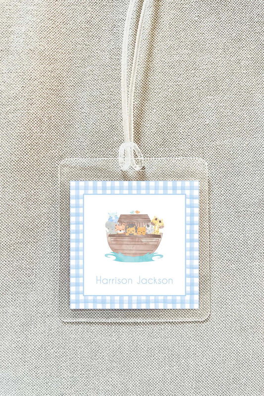 Personalized Blue Noah's ark Bag Tag, Laminated Square Boy Luggage Tag, Diaper Bag Tag