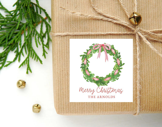Personalized Watercolor Striped Christmas Wreath Calling Card or Sticker | Wreath Enclosure Card