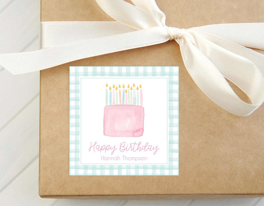 Personalized Happy Birthday Blue Border Calling Card, Colorful Cake Enclosure Card, Child Birthday Gift Sticker