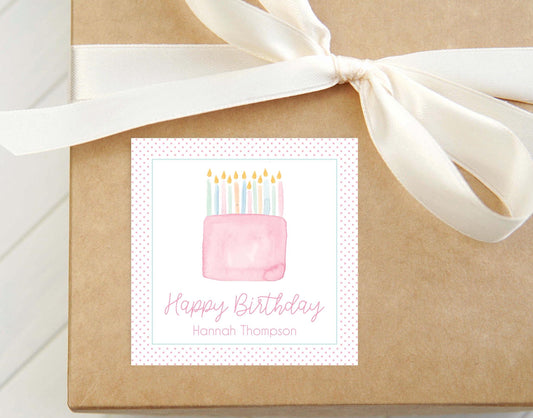 Personalized Happy Birthday Pink Border Calling Card, Colorful Cake Enclosure Card, Child Birthday Gift Sticker