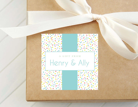 Personalized Green Confetti Calling Card, Girl Enclosure Card, Colorful Kid Square Gift Tag