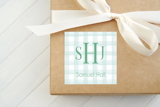 Personalized Watercolor Gingham Calling Card, Boy Blue Monogram Enclosure Card, Square Navy Gift Tag