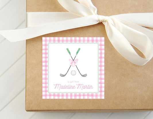 Personalized Watercolor Girl Golf Calling Card, Pink Green Enclosure Card, Square Sports Gift Tag