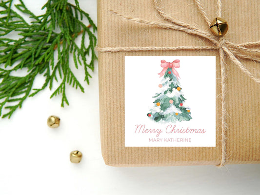 Personalized Watercolor Christmas Tree Bow Calling Card or Sticker | Christmas Tree Enclosure Card | Family Square Gift Tag and Stickers