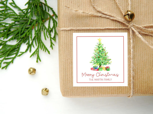 Personalized Watercolor Gifts Christmas Tree Calling Card or Sticker | Christmas Tree Enclosure Card | Family Square Gift Tag and Stickers