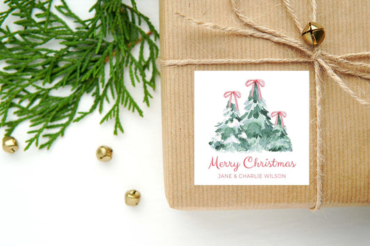 Personalized Watercolor Christmas 3 Bow Tree Calling Card or Sticker | Christmas Tree Enclosure Card | Family Square Gift Tag and Stickers