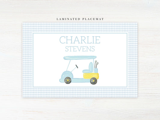 Personalized Watercolor Golf Placemat, Laminated Gingham Boy Placemat
