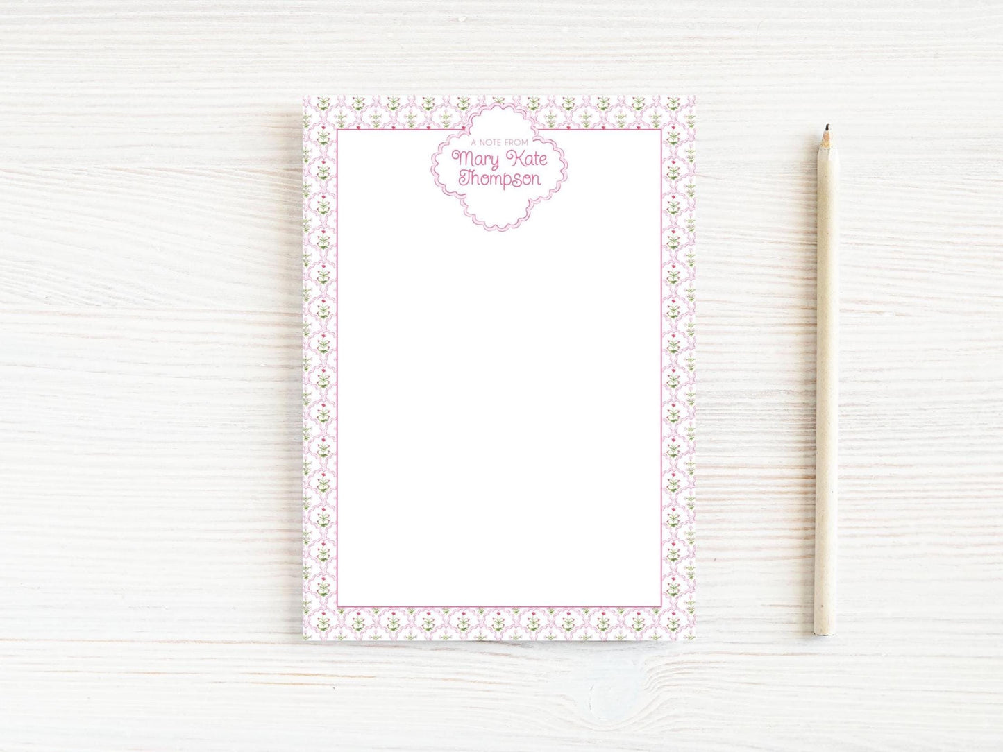 Personalized 5.5X5.5 or 5X7 Watercolor Pink Floral Notepad, Flower Pattern Women Note